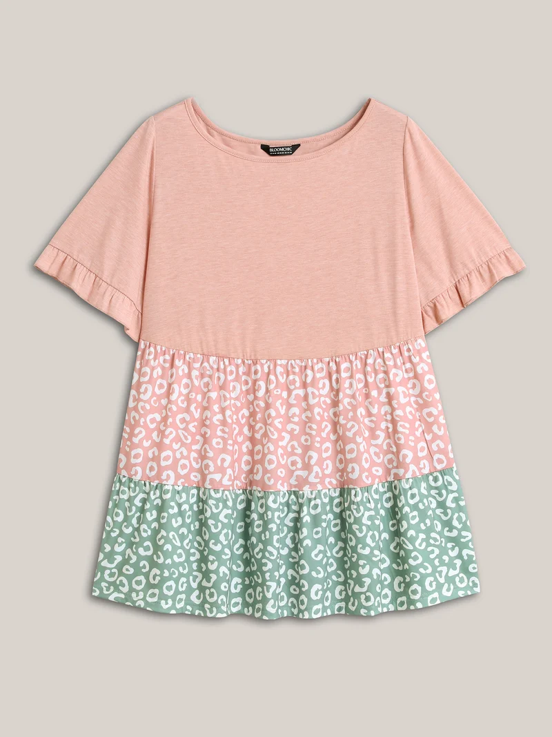 Spliced Printed Tiered Ruffled Sleeve T-Shirt