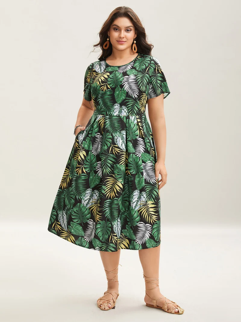 Tropical Escape Print Pockets Tiered Midi Dress