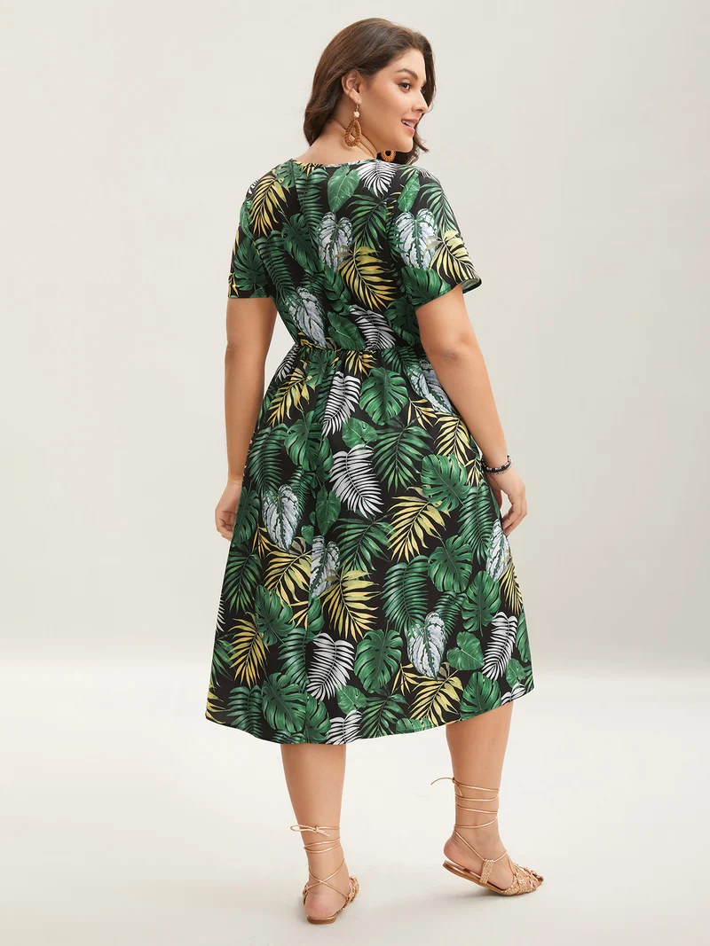 Tropical Escape Print Pockets Tiered Midi Dress