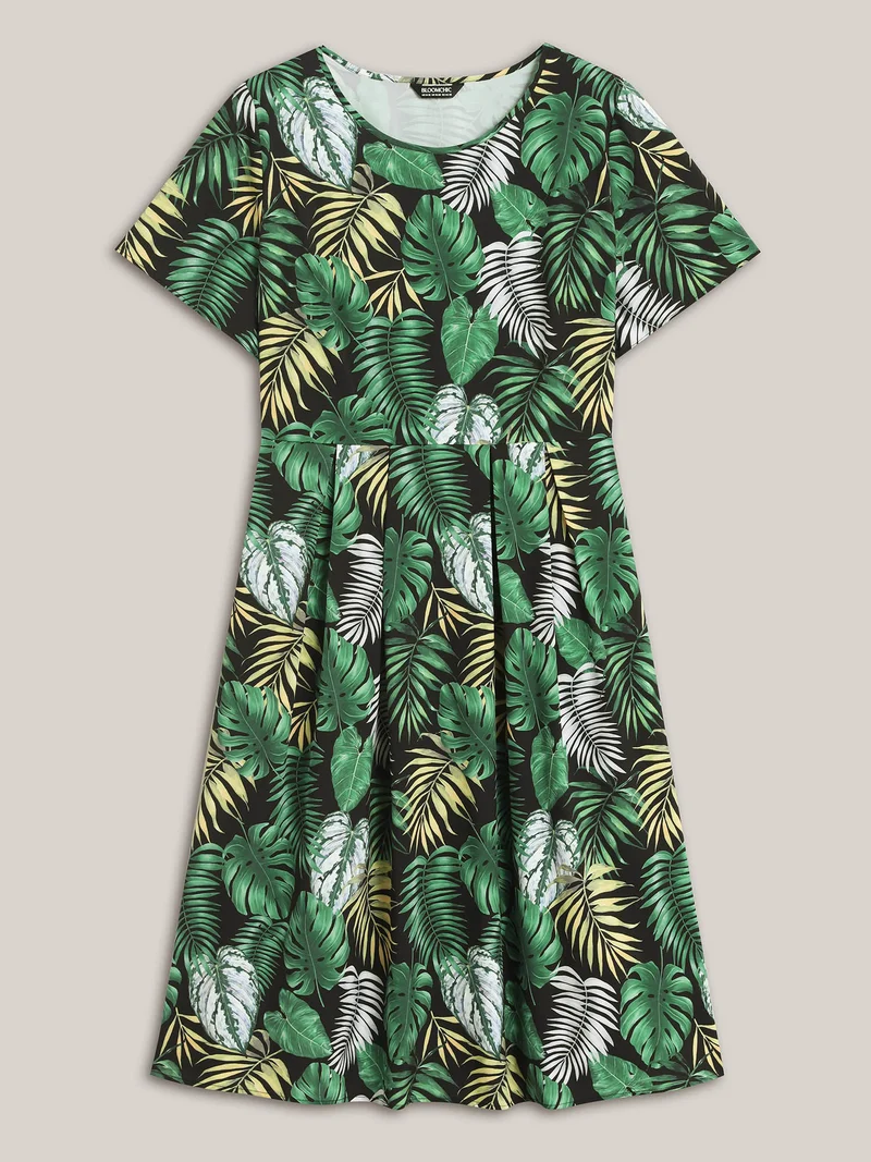 Tropical Escape Print Pockets Tiered Midi Dress