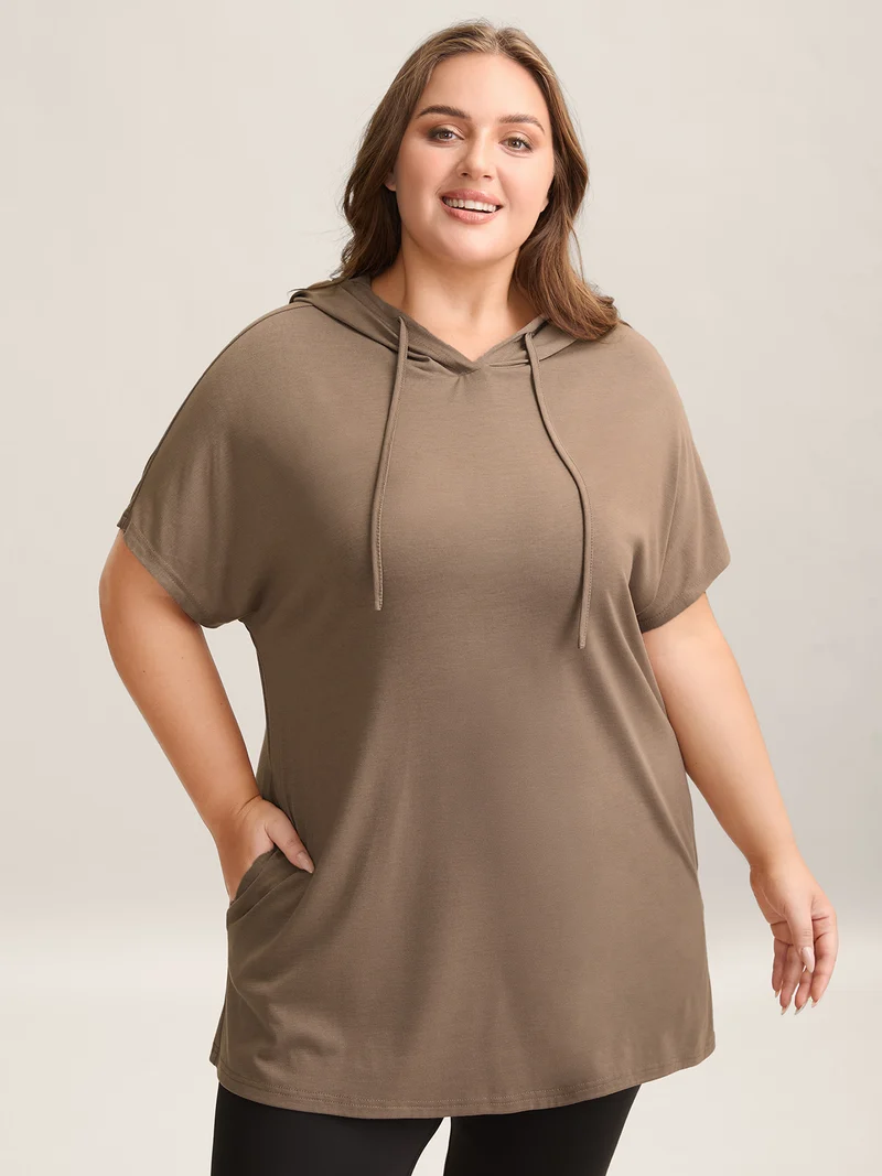 Hooded Drawstring Solid Long T-Shirt