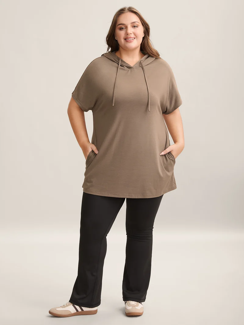 Hooded Drawstring Solid Long T-Shirt