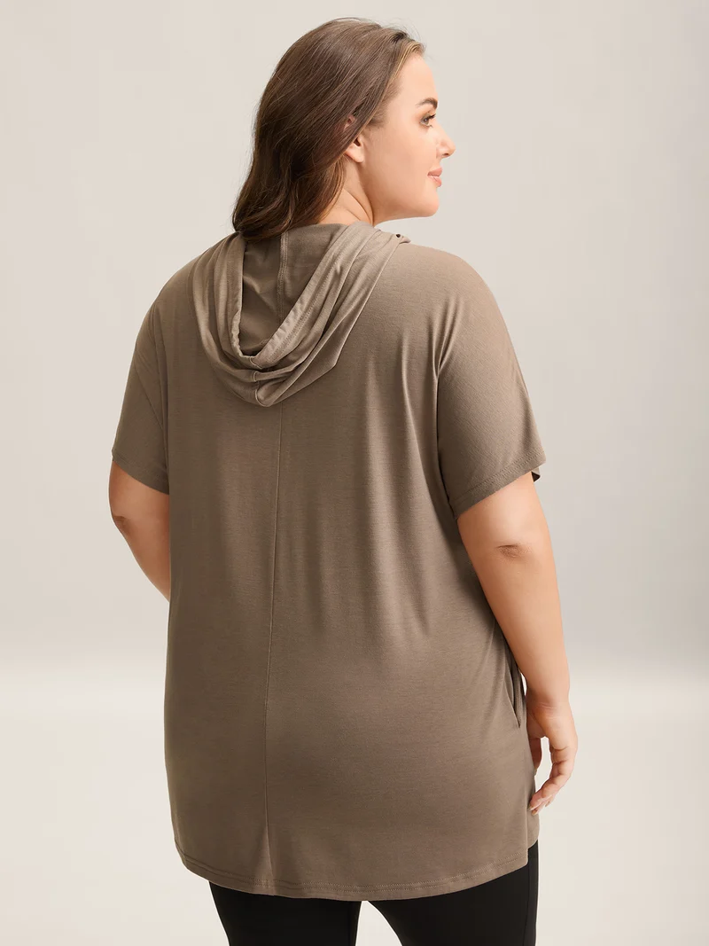 Hooded Drawstring Solid Long T-Shirt