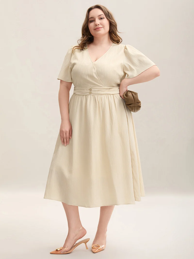 Pleated Waist Textured Shirred Midi Dress
