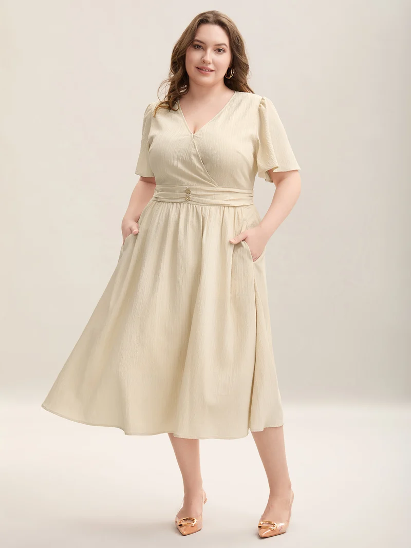 Pleated Waist Textured Shirred Midi Dress