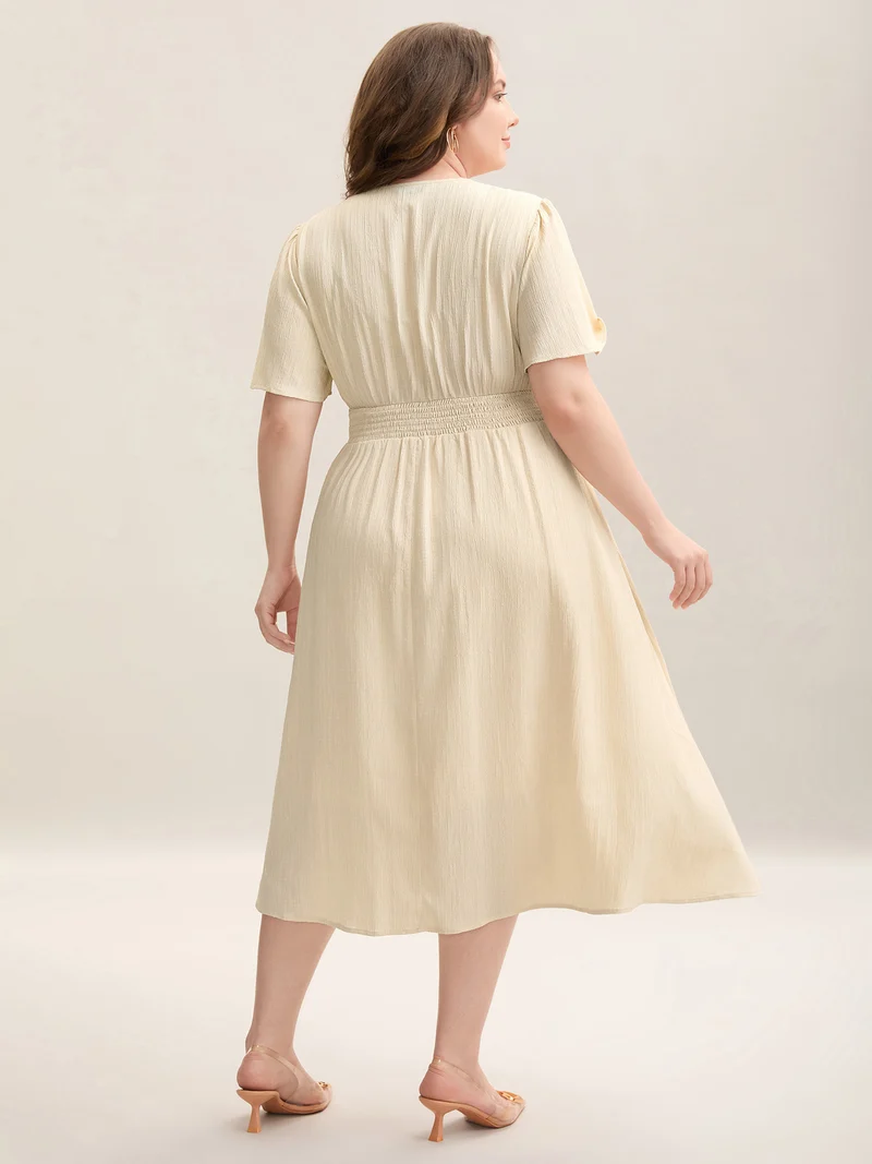Pleated Waist Textured Shirred Midi Dress