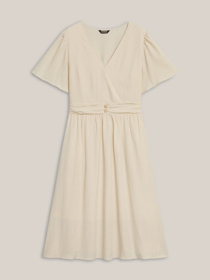 Pleated Waist Textured Shirred Midi Dress