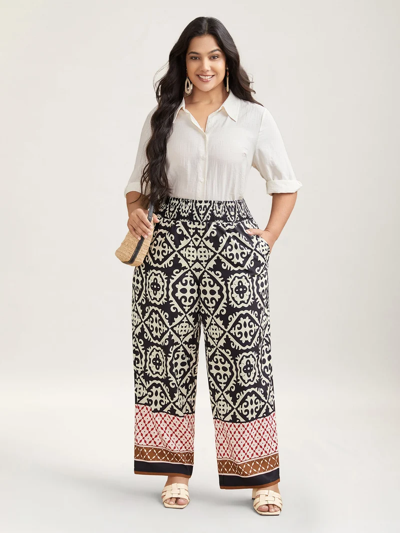 Ornate Print Contrast Hem Straight Leg Pants