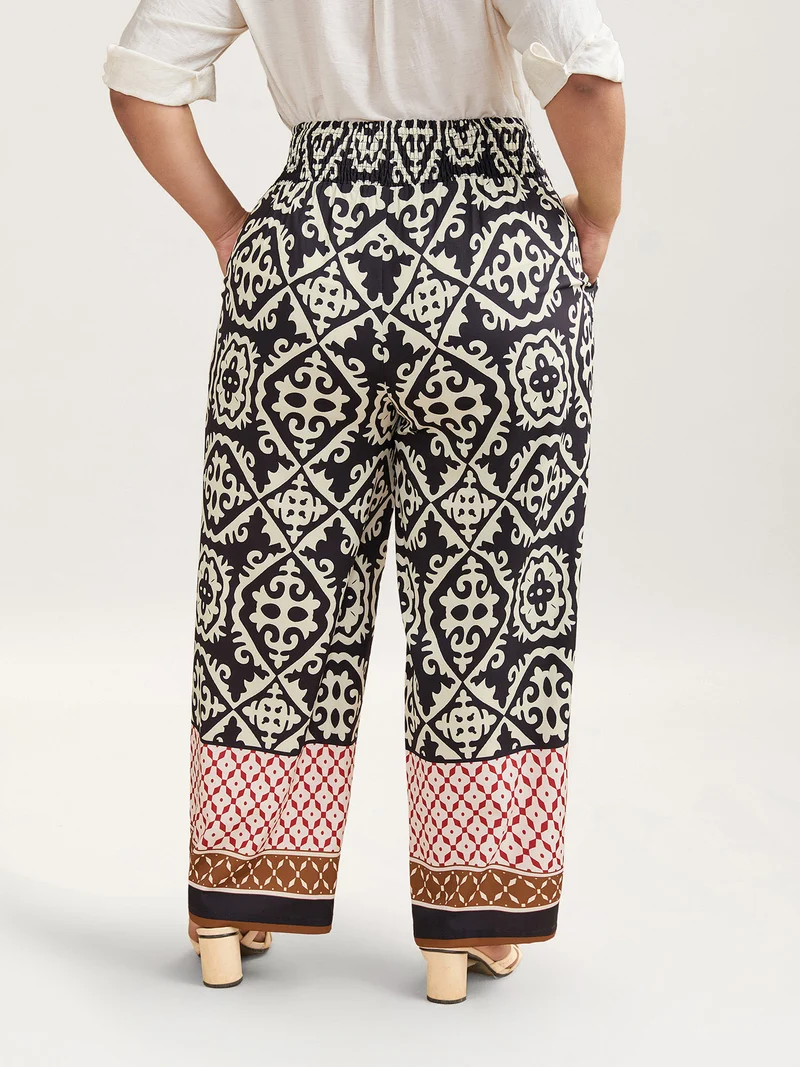 Ornate Print Contrast Hem Straight Leg Pants