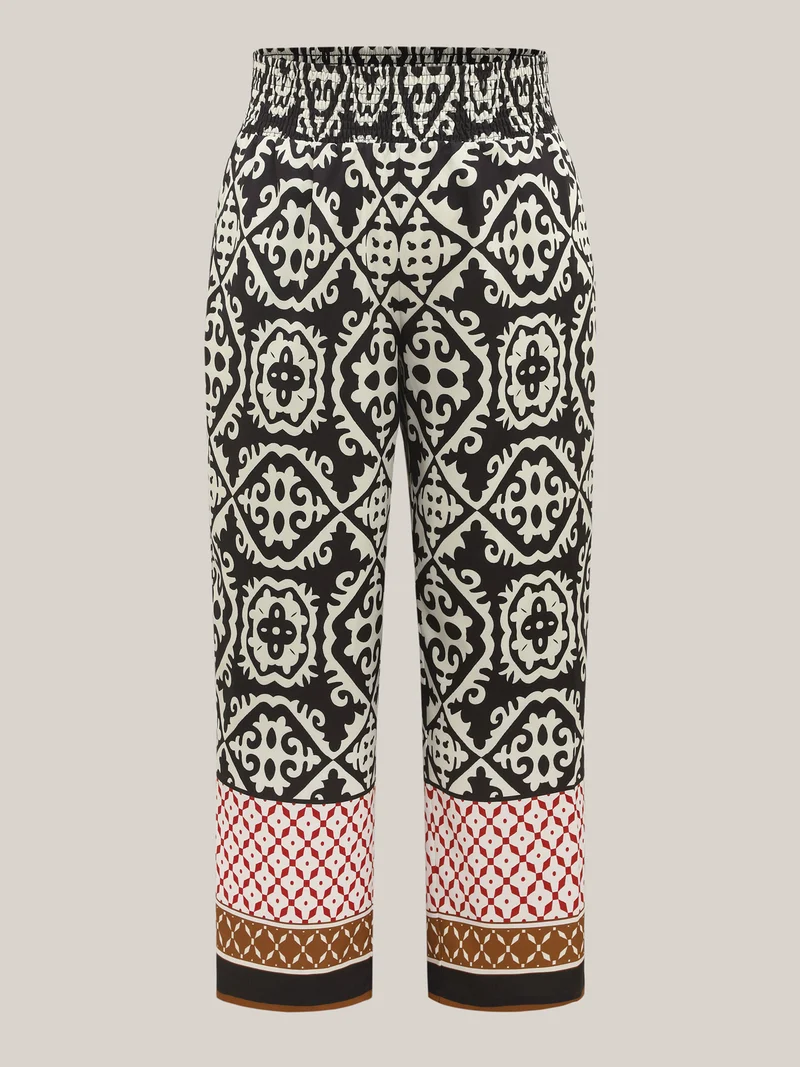 Ornate Print Contrast Hem Straight Leg Pants