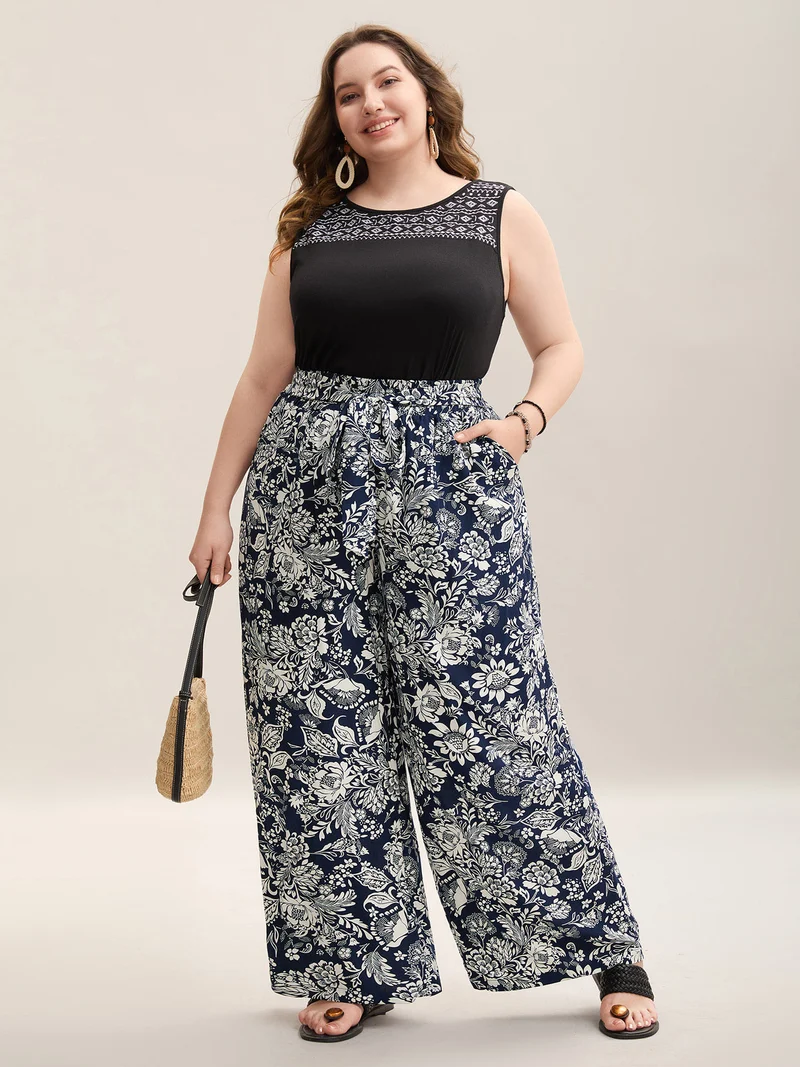 Floral Print Waist-Tie Straight-Leg Pants