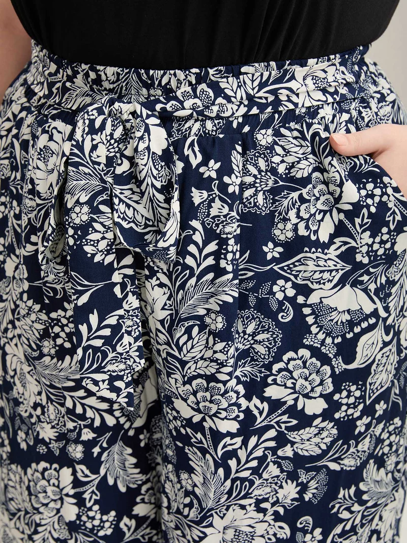 Floral Print Waist-Tie Straight-Leg Pants