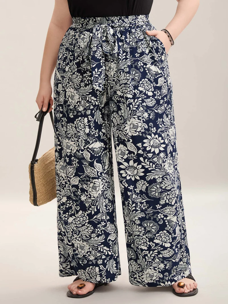 Floral Print Waist-Tie Straight-Leg Pants