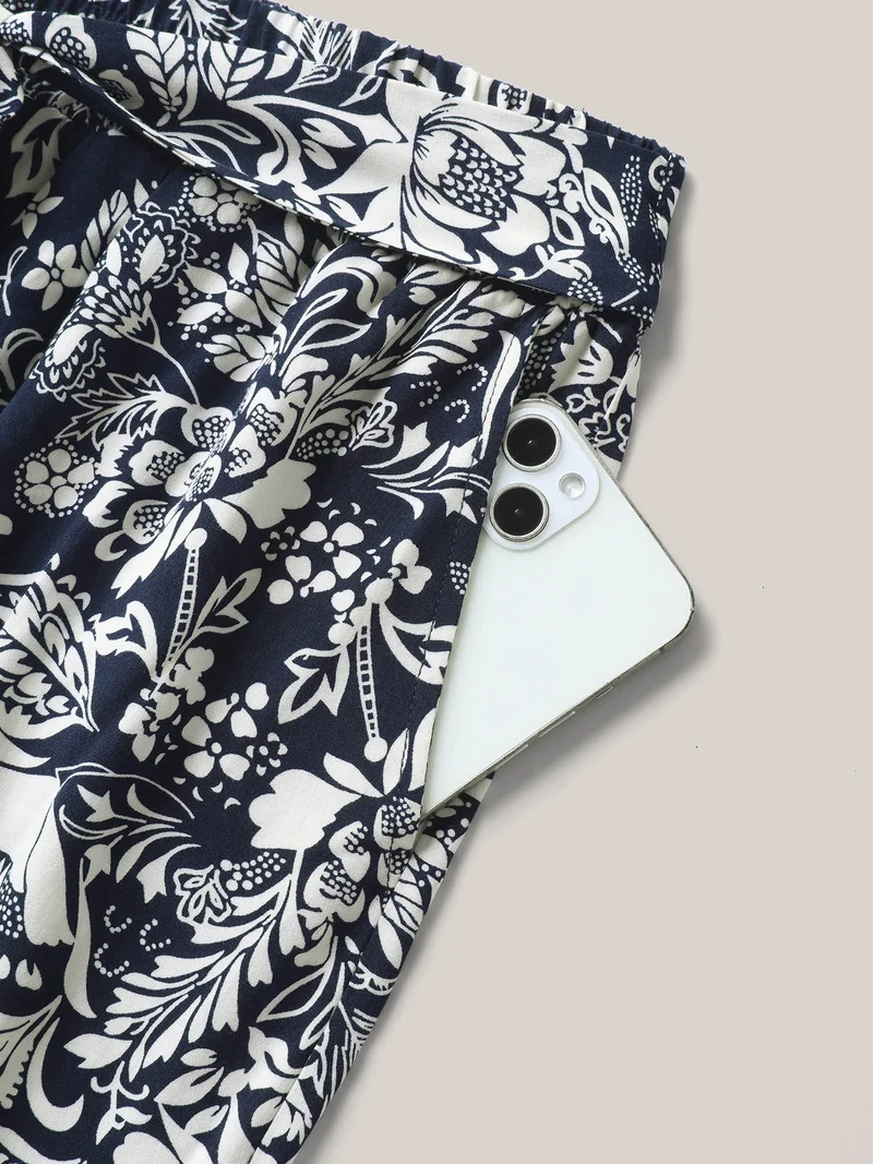 Floral Print Waist-Tie Straight-Leg Pants