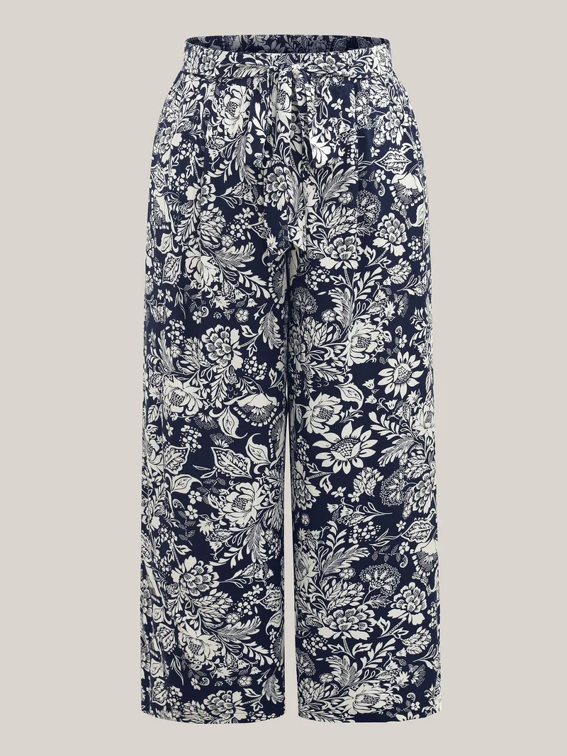 Floral Print Waist-Tie Straight-Leg Pants