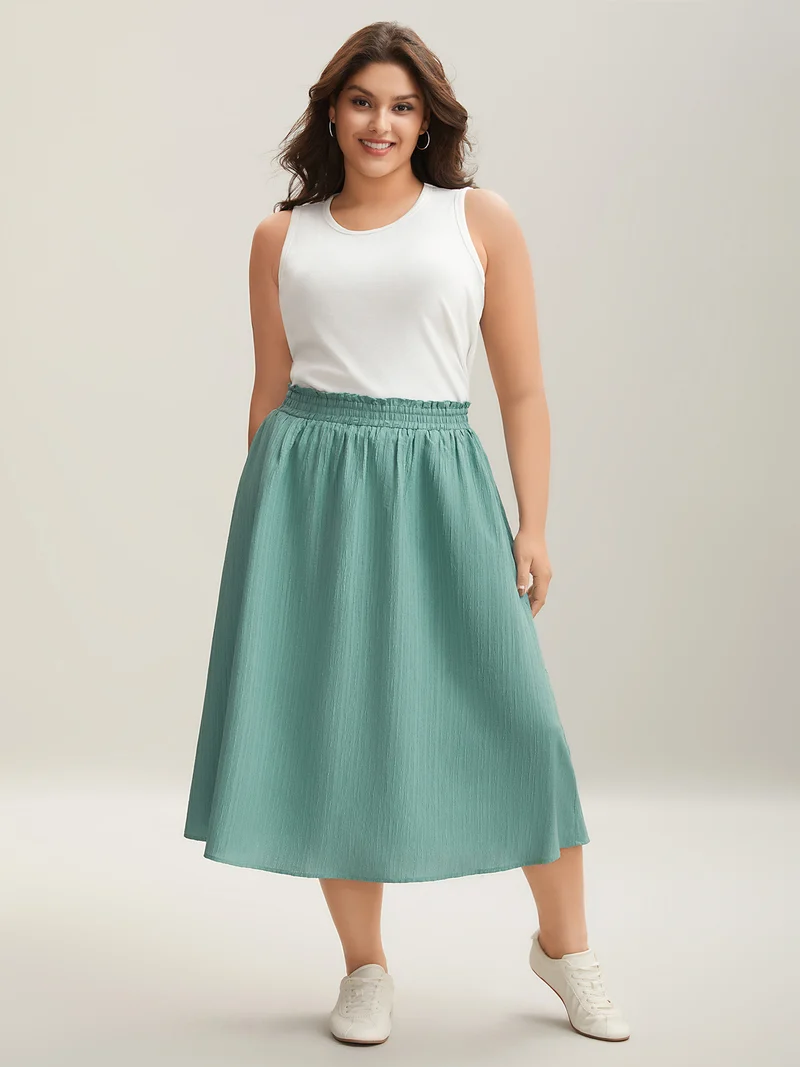 Smocked Waist Textured Pleated Midi Skirt