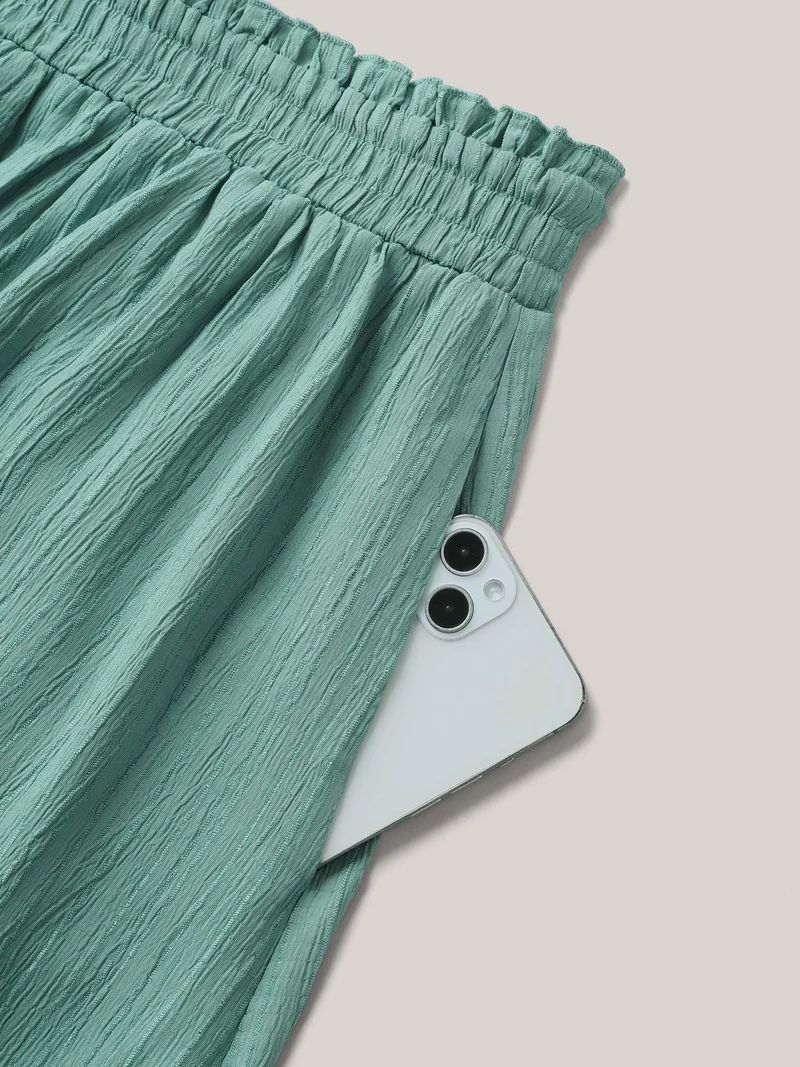 Smocked Waist Textured Pleated Midi Skirt