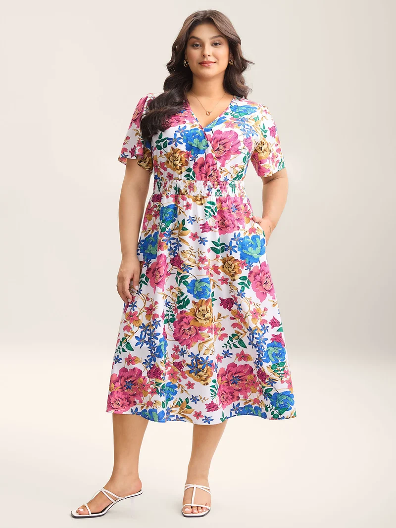 Blooming Flowers Surplice Neck Pockets Dress