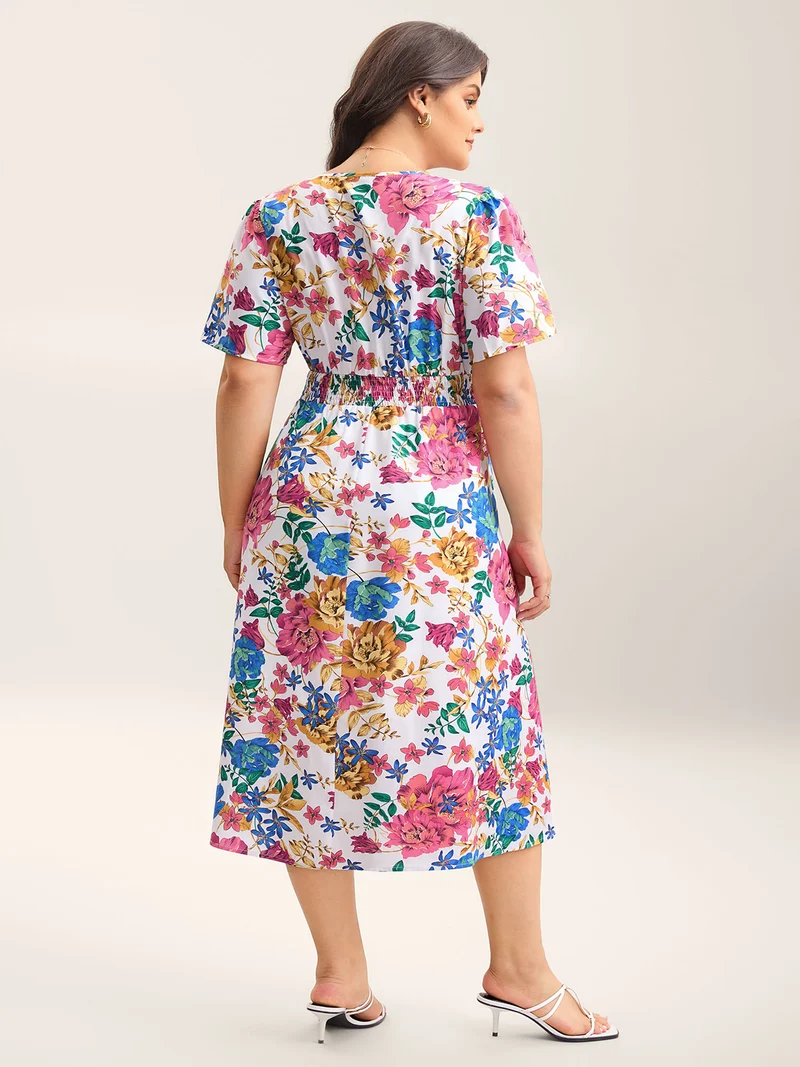 Blooming Flowers Surplice Neck Pockets Dress