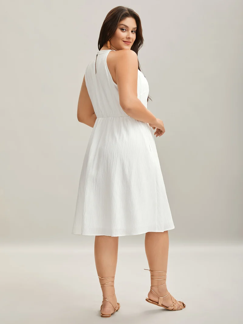 Neck Cut-Out Pockets A-Line Midi Dress