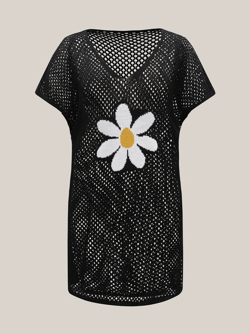 Floral Jacquard Pattern Cut-Out Swim Cover-Up