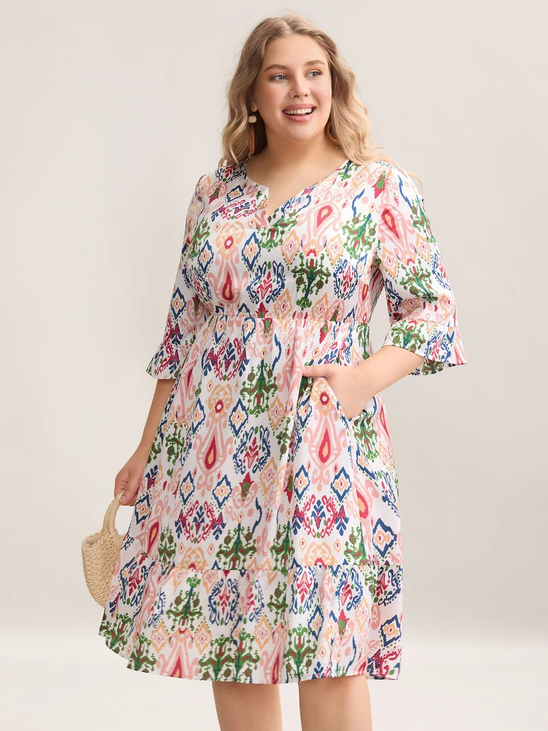 Geometric Color Block Split Neck Midi Dress