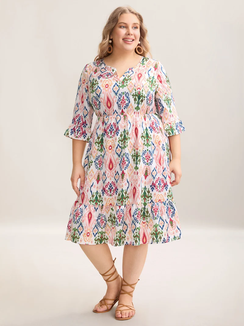 Geometric Color Block Split Neck Midi Dress