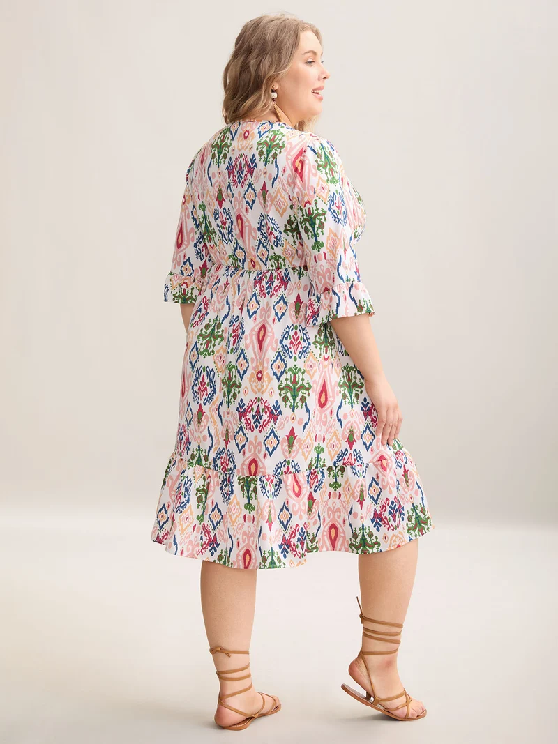 Geometric Color Block Split Neck Midi Dress
