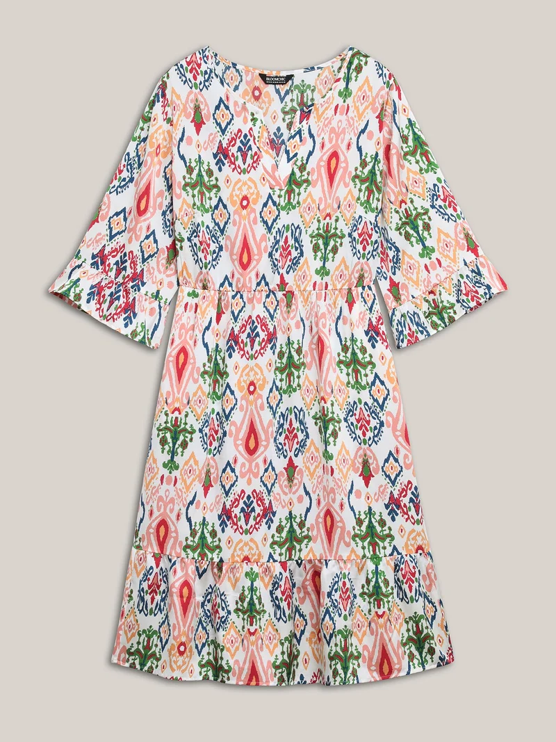 Geometric Color Block Split Neck Midi Dress