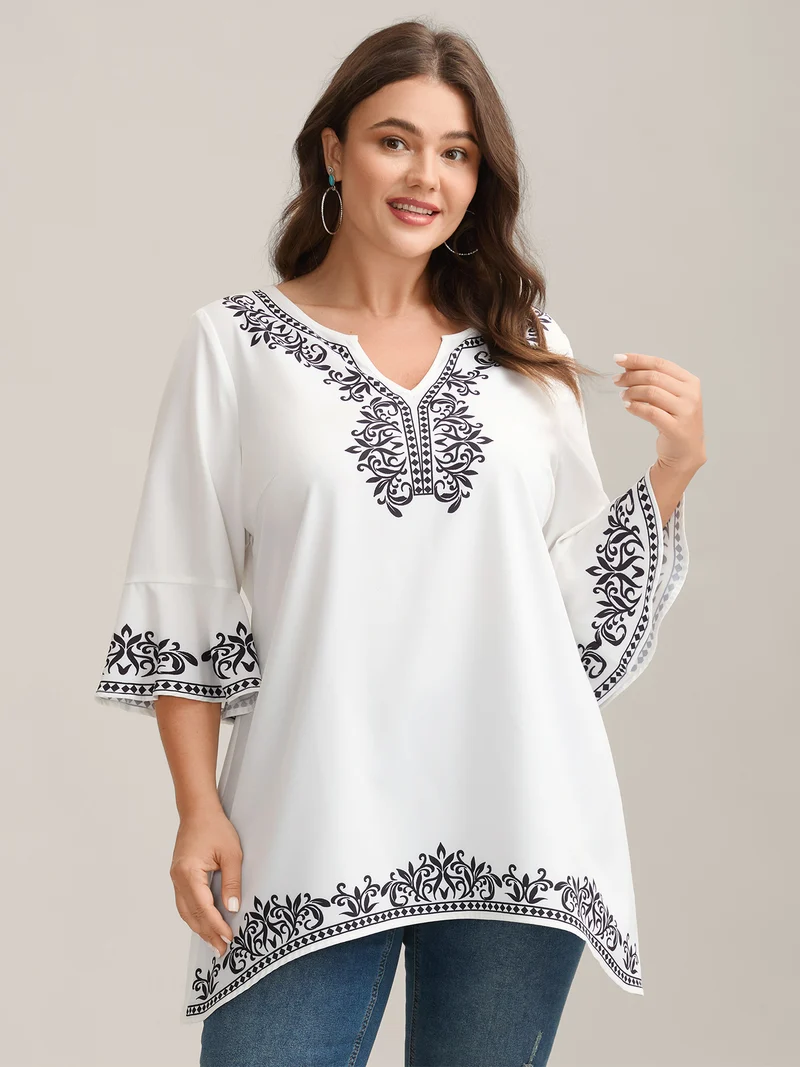 Boho Print Split Neck Relaxed Fit Blouse