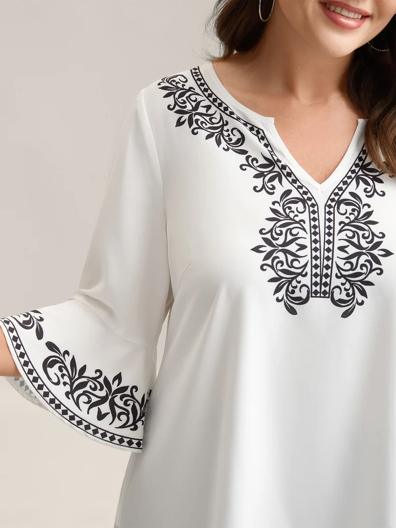 Boho Print Split Neck Relaxed Fit Blouse