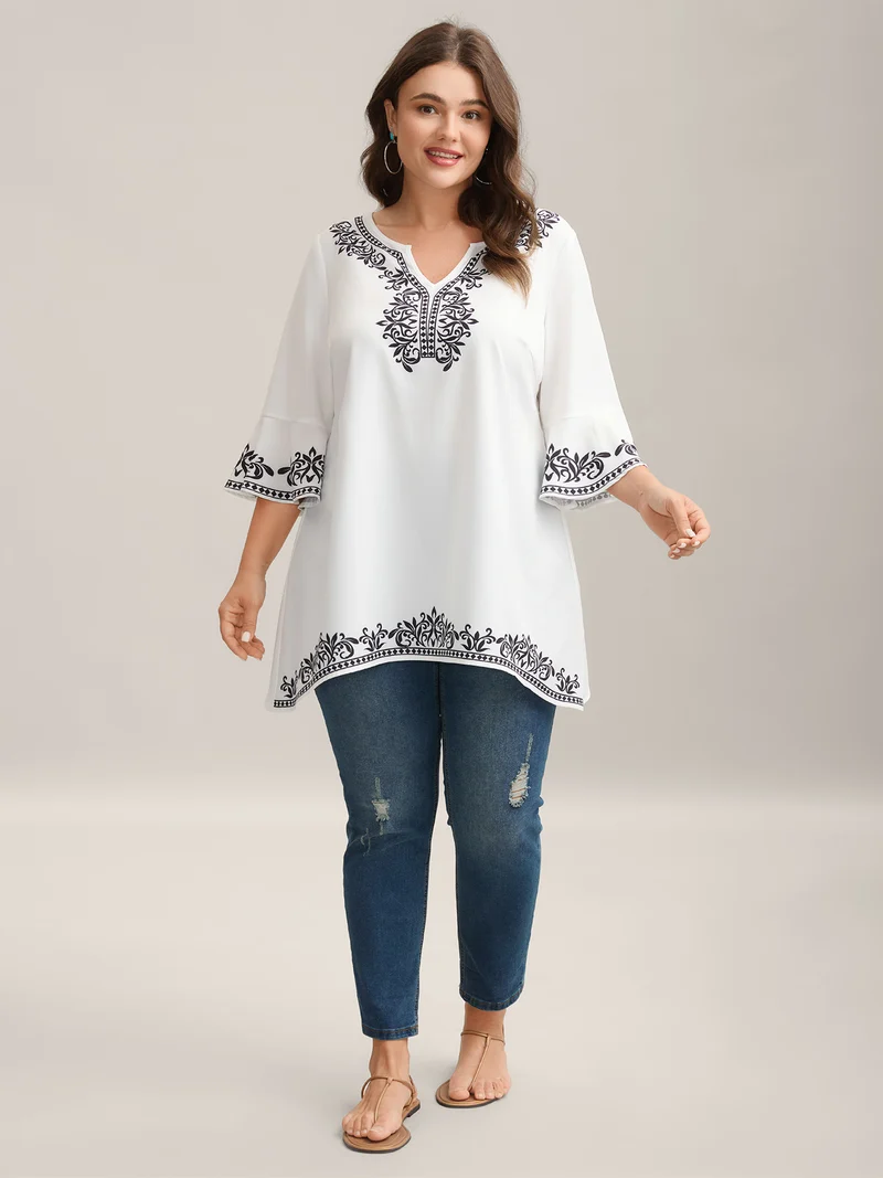 Boho Print Split Neck Relaxed Fit Blouse