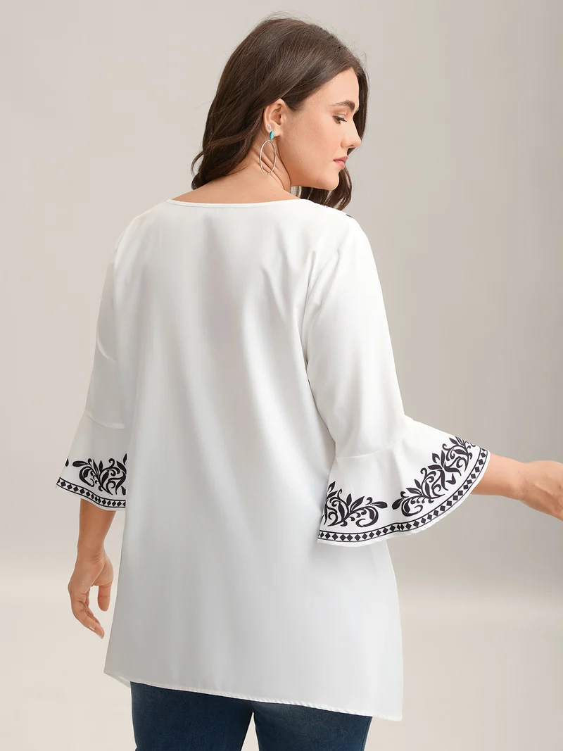 Boho Print Split Neck Relaxed Fit Blouse