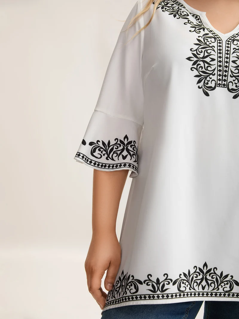 Boho Print Split Neck Relaxed Fit Blouse