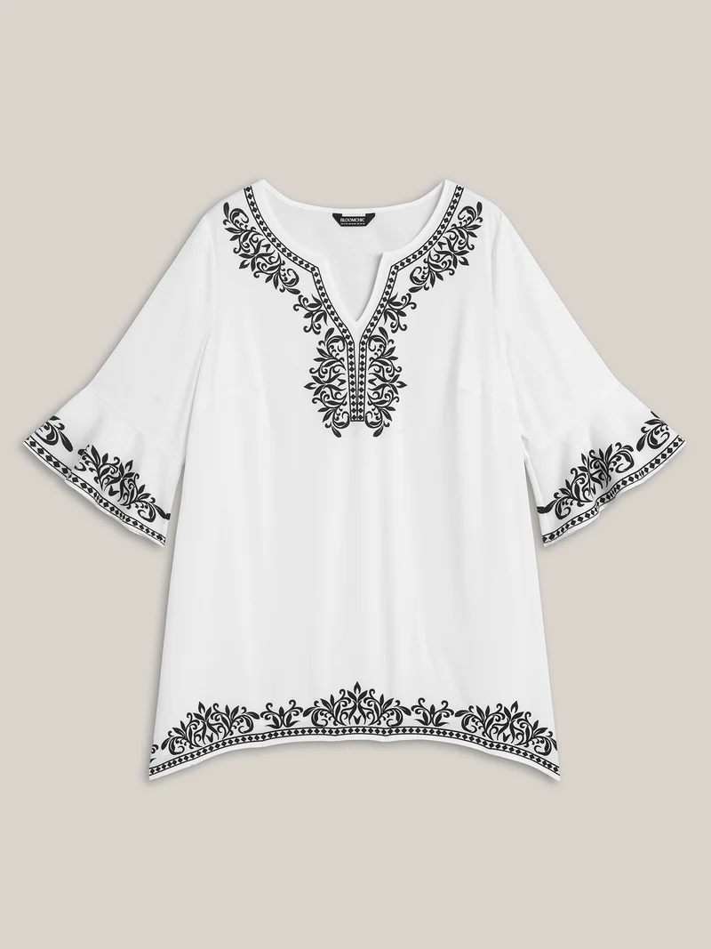 Boho Print Split Neck Relaxed Fit Blouse