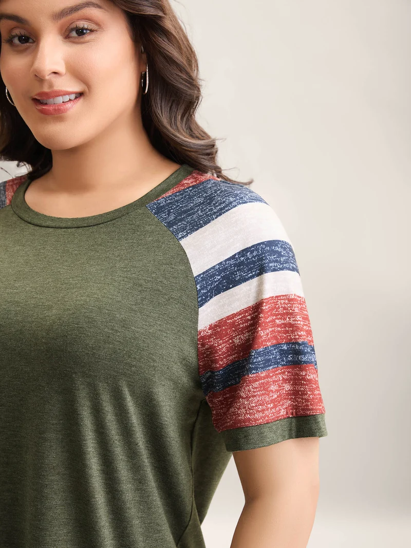 Striped Raglan Sleeve Plain T-Shirt