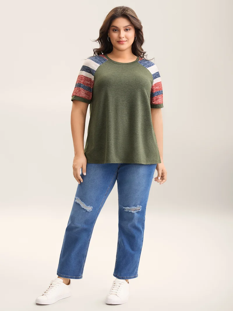 Striped Raglan Sleeve Plain T-Shirt