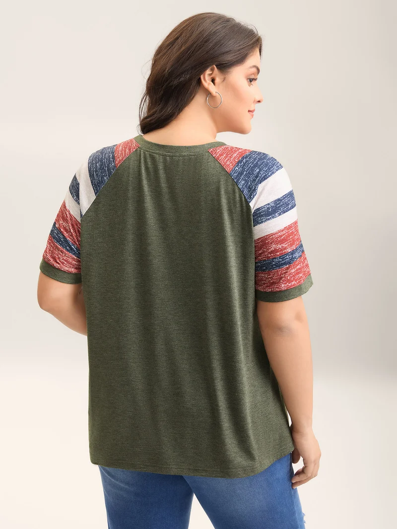 Striped Raglan Sleeve Plain T-Shirt