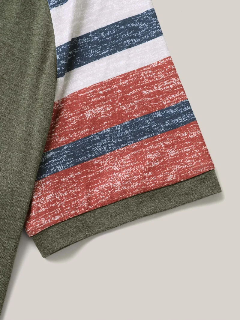 Striped Raglan Sleeve Plain T-Shirt