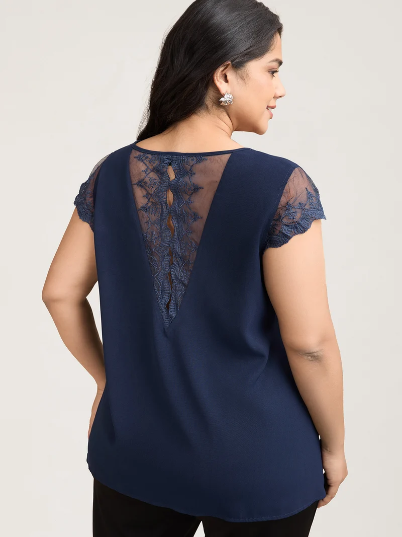 Back Lace Sheer Sleeve Solid Shirt
