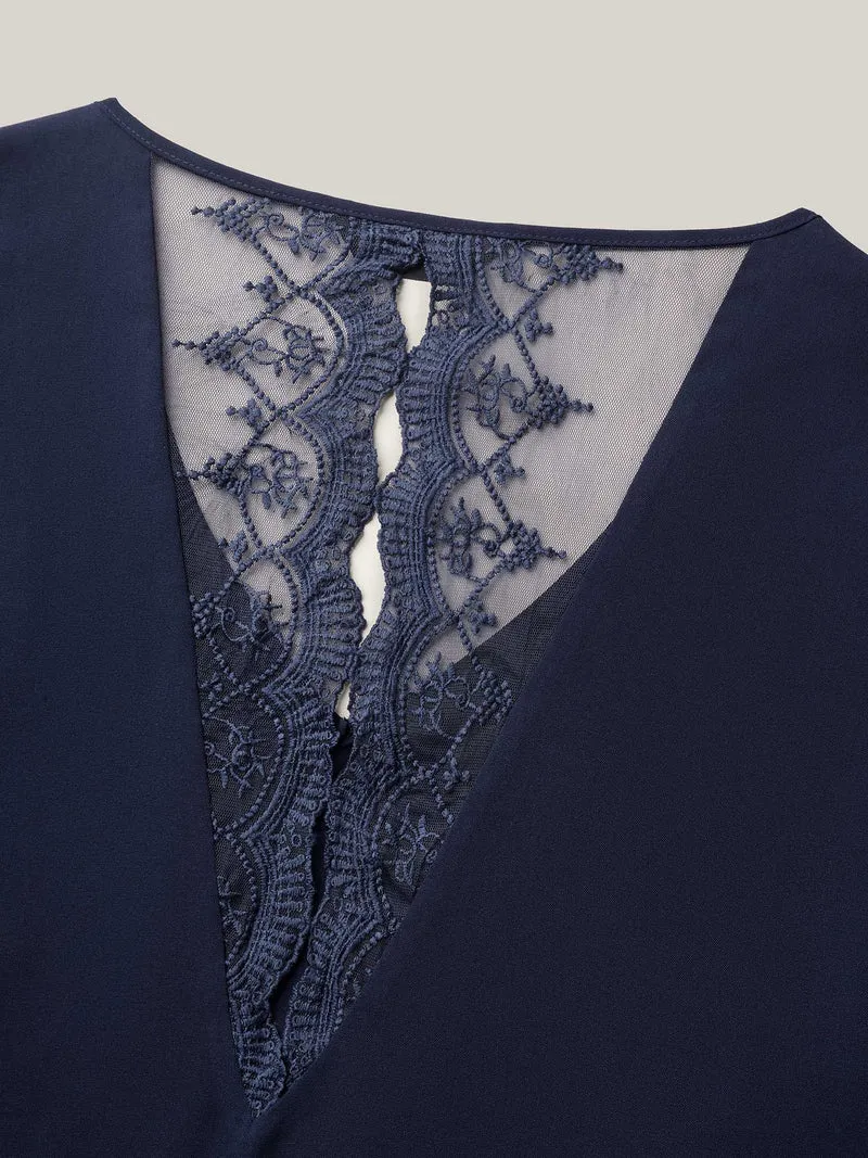 Back Lace Sheer Sleeve Solid Shirt