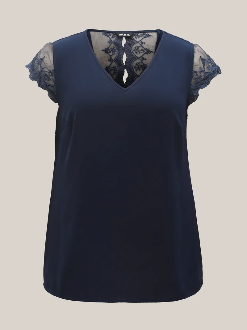 Back Lace Sheer Sleeve Solid Shirt