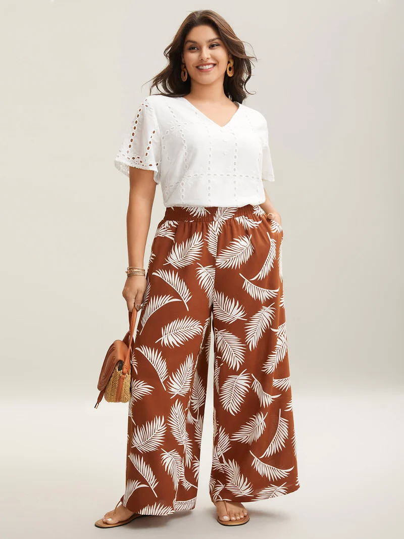 Leafy Print Stretchy Waist Wide-Leg Pants