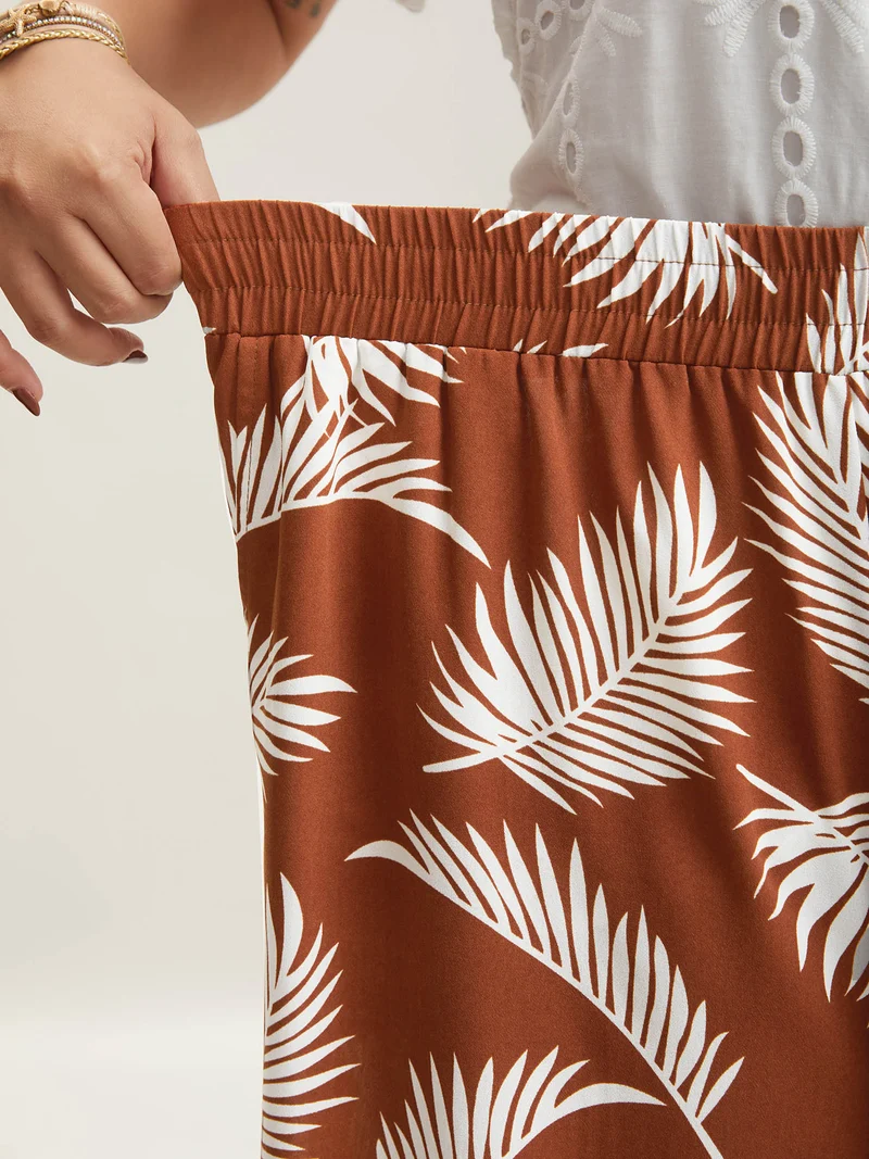 Leafy Print Stretchy Waist Wide-Leg Pants
