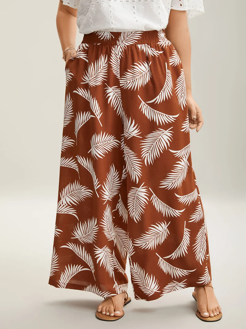 Leafy Print Stretchy Waist Wide-Leg Pants