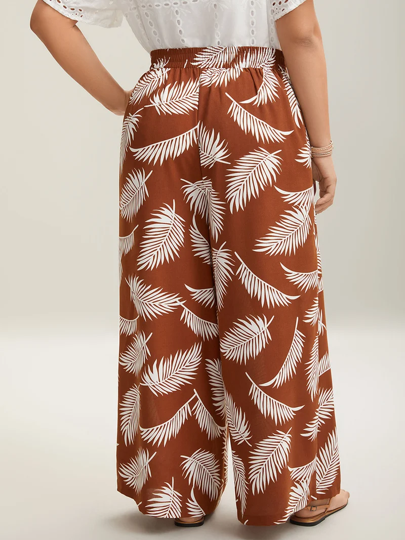 Leafy Print Stretchy Waist Wide-Leg Pants