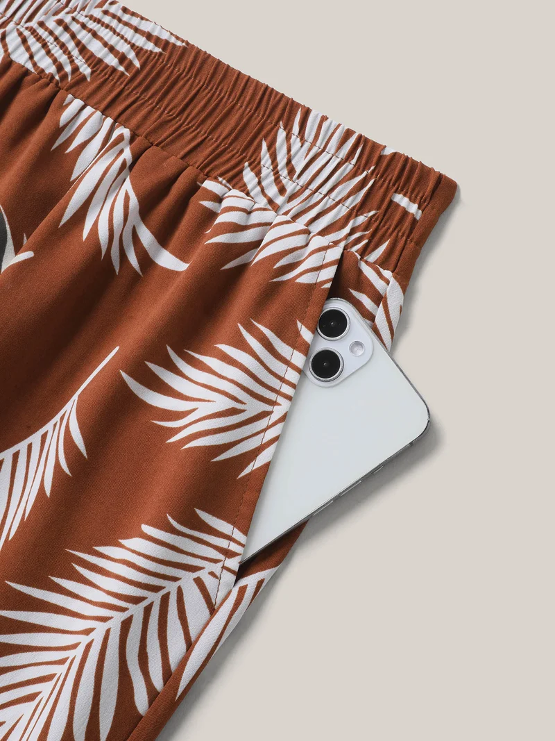 Leafy Print Stretchy Waist Wide-Leg Pants