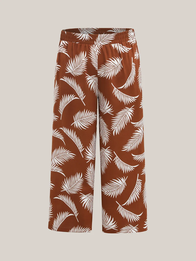 Leafy Print Stretchy Waist Wide-Leg Pants