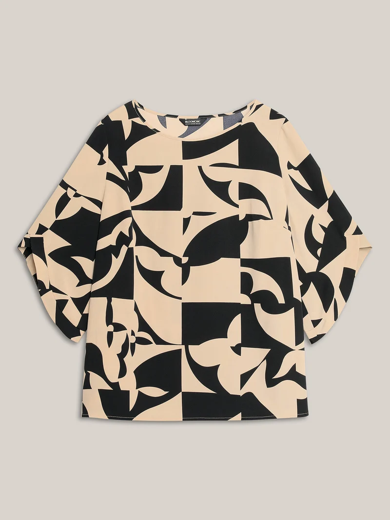 Geometric Pattern Tab Sleeve Flowy Blouse