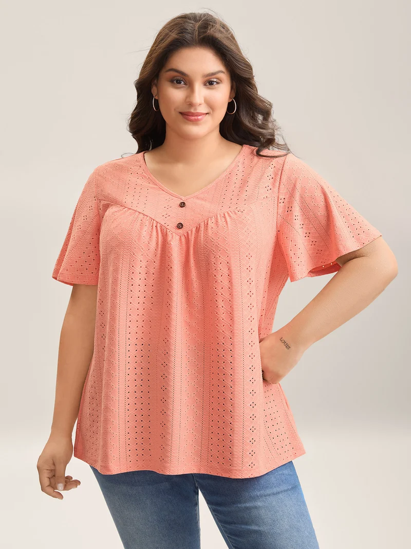 Textured Button Detail Pleated T-Shirt